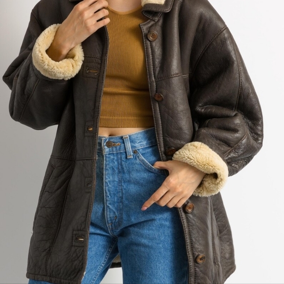 80s Western Sheepskin Coat, Size L Brown Shearling Coat Vintage Leather Jacket - Picture 11 of 16